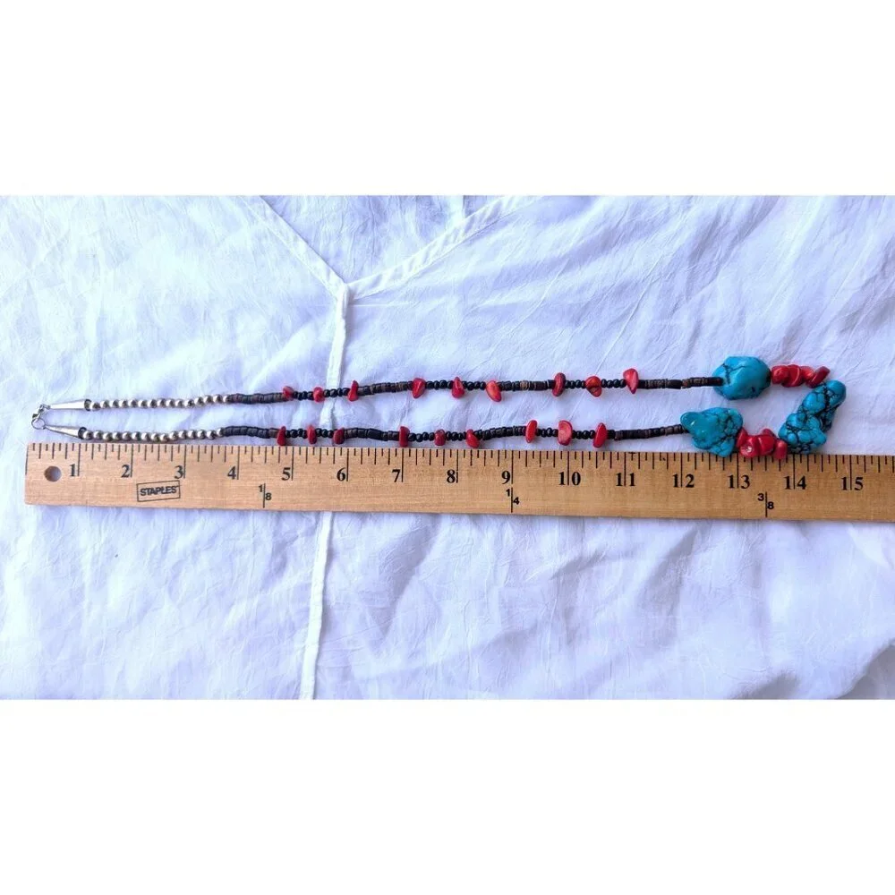 Vtg Turquoise & Red Coral Necklace Native American Style Silver Tone Handmade